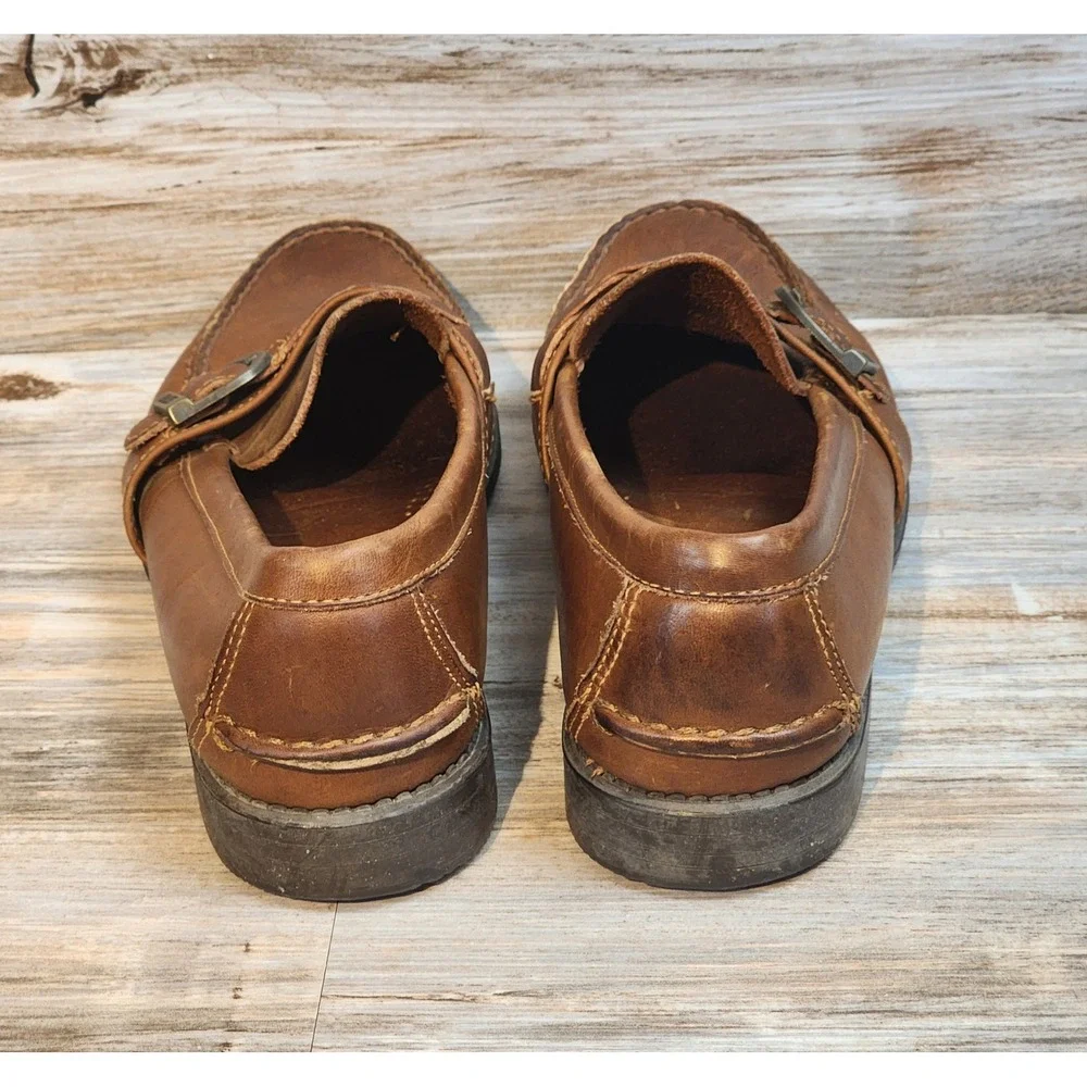 GH Bass Brown Leather Loafers Braided Buckle Strap Moc Toe Flats Mens 8.5 M